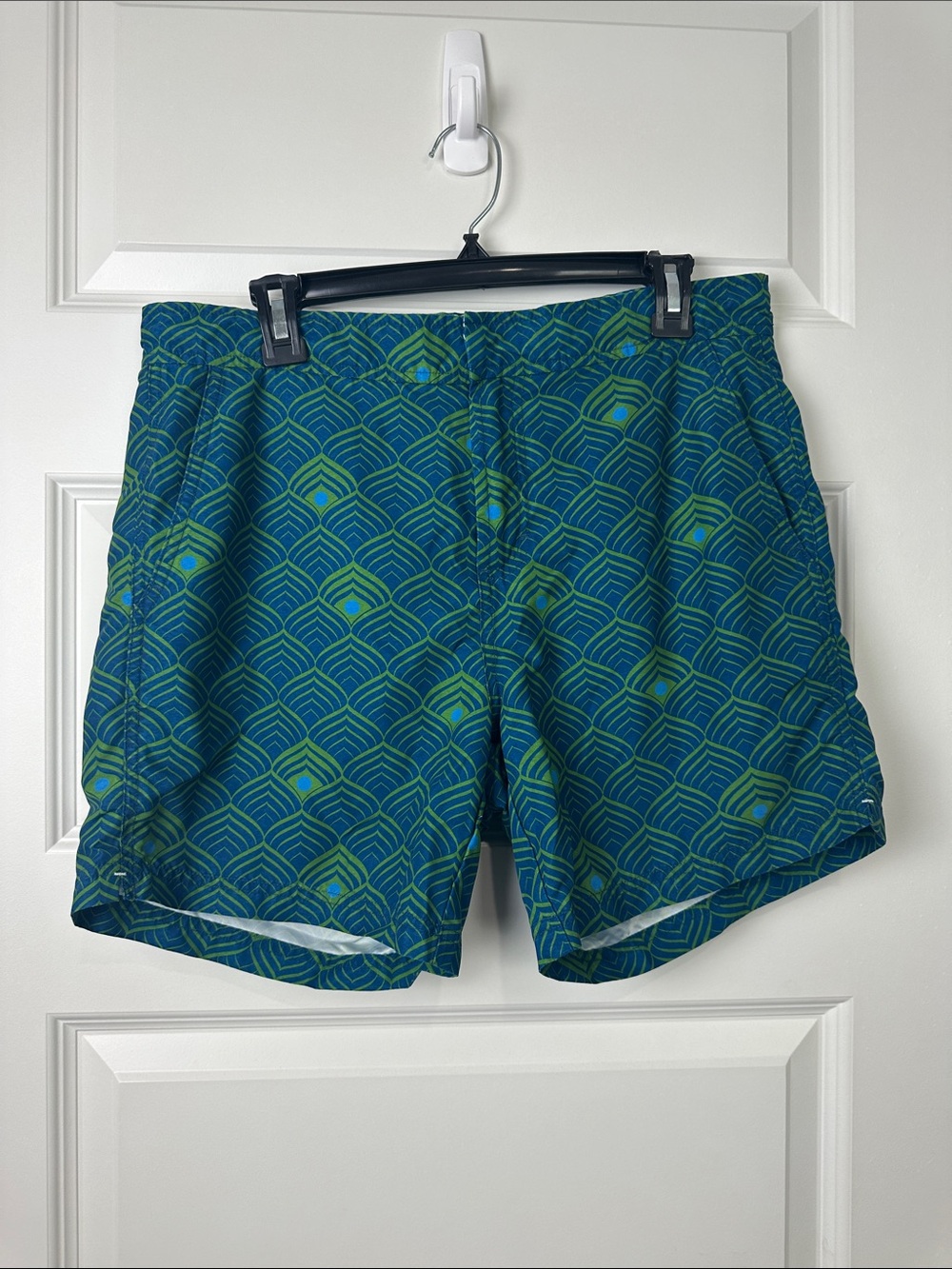 Jachs Men’s Hampton Fit Blue & Green Geometric Swim Trunks Pockets Medium